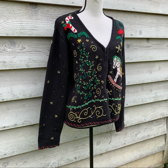 Vintage Black Beaded Felt Appliqué Crochet V-Neck Zip Front Long Sleeve Sweater - Picture 2 of 16